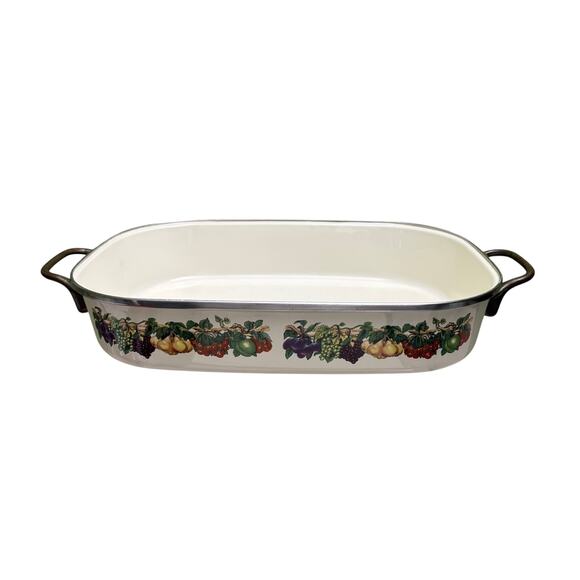 Enamelware Vintage Fruit Design Baking Casserole Pan 16" Thailand - Picture 1 of 10